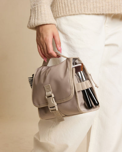 CALPAK Terra Hanging Toiletry Bag in beige Stone front view; THY2201-STONE view 2