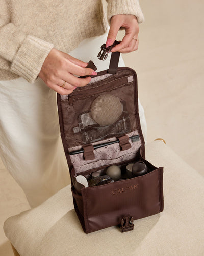 CALPAK Terra Hanging Toiletry Bag in brown Walnut front view; THY2201-WALNUT view 2
