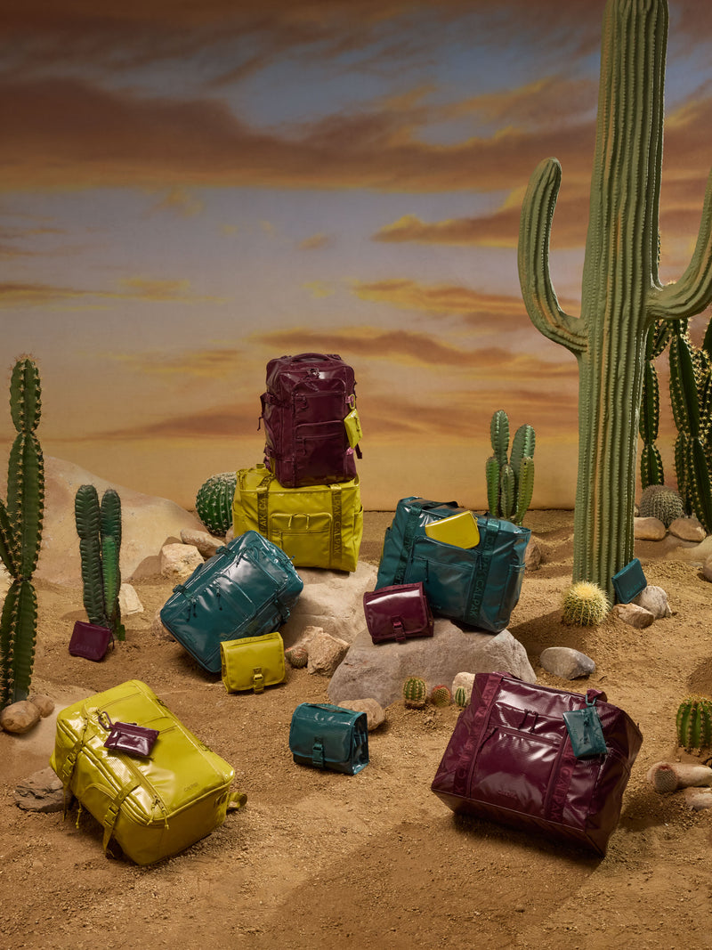 A collection of colorful, glossy travel bags and backpacks in yellow, teal, and purple, styled in a desert landscape diorama with cacti and a warm sunset sky backdrop.