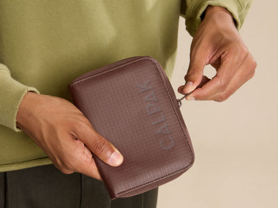 CALPAK Terra Zippered Passport Wallet in brown Walnut front view; ATPW2501-WALNUT view 2