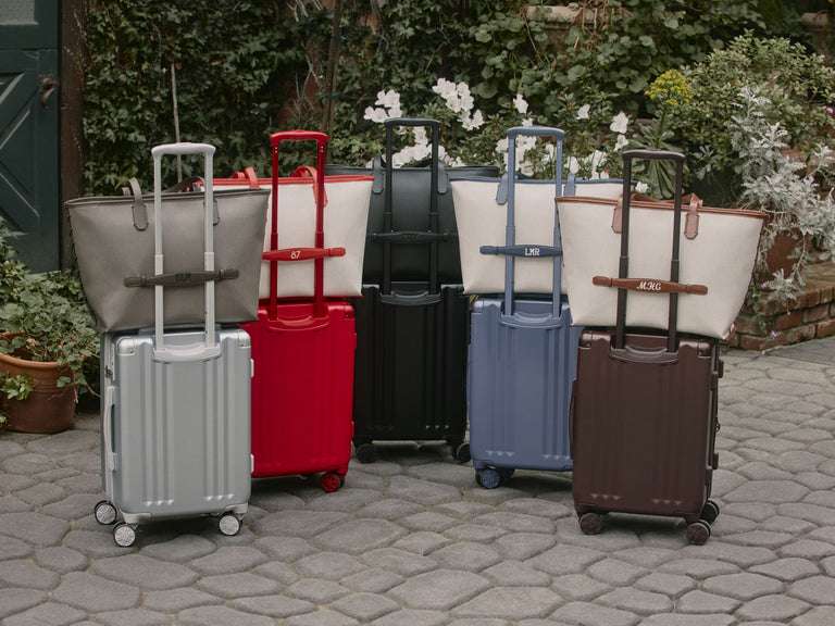 Collection of CALPAK suitcases and bags in various colors on a stone pavement with plants in the background