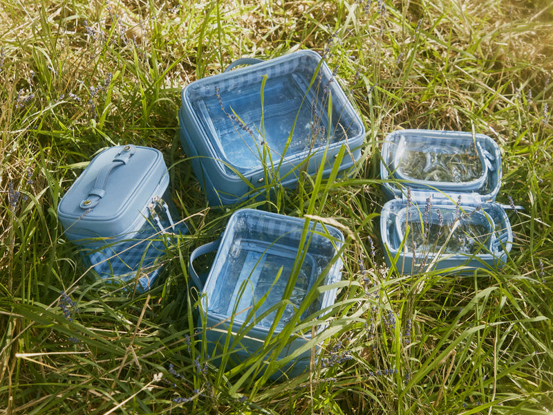 Blue CALPAK Clear Cosmetics Cases on grass