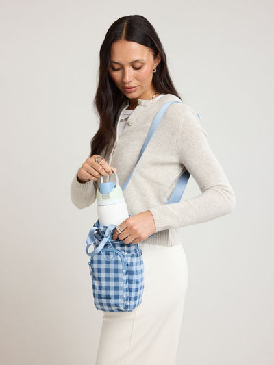 CALPAK Water Bottle Holder in blue and white checkered French Blue Gingham; AWH2101-FRENCH-BLUE-GINGHAM view 2