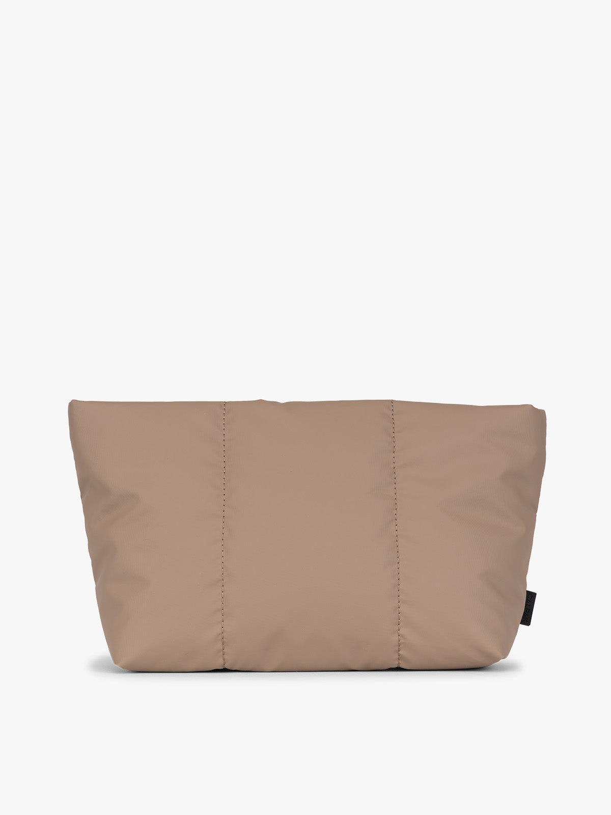 Brown Chocolate CALPAK Luka 2 Quart Zip Pouch bag with stitched paneling and top zipper, shown against a plain white background; ZLPM2601-CHOCOLATE