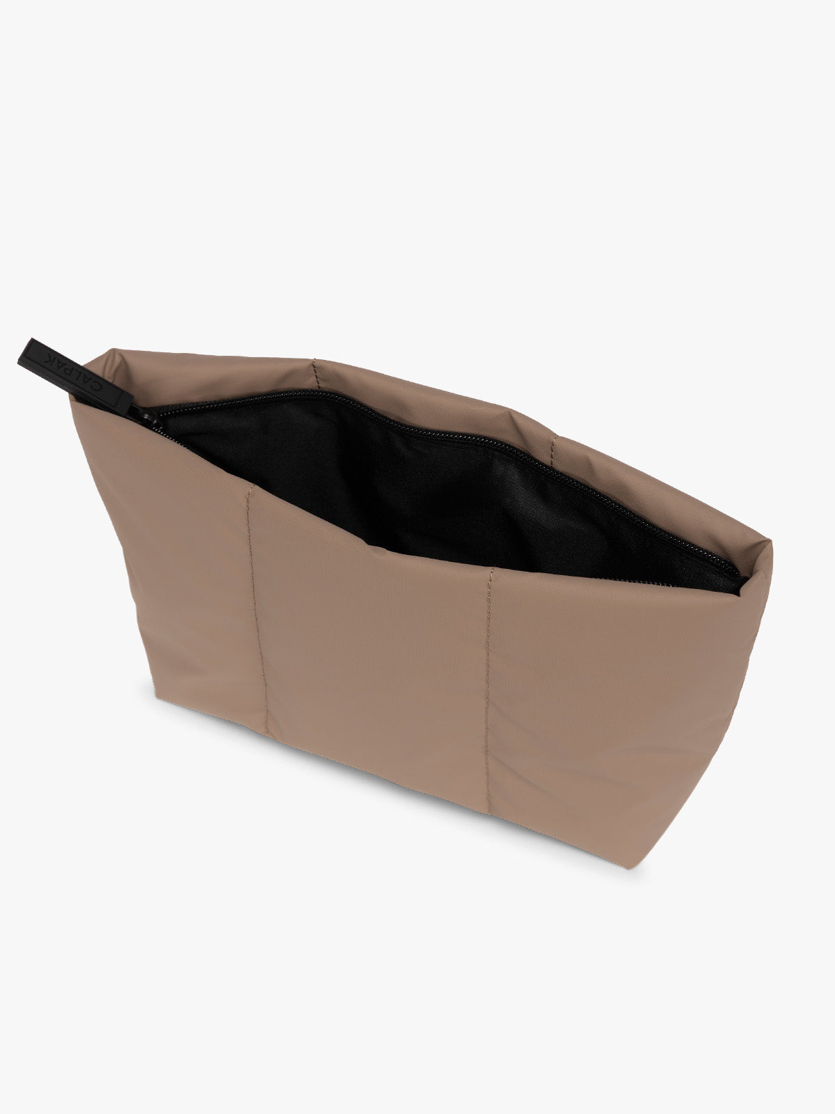 Top side view of a brown Chocolate CALPAK Luka 2 Quart Zip Pouch bag with stitched paneling and top zipper, shown against a plain white background; ZLPM2601-CHOCOLATE