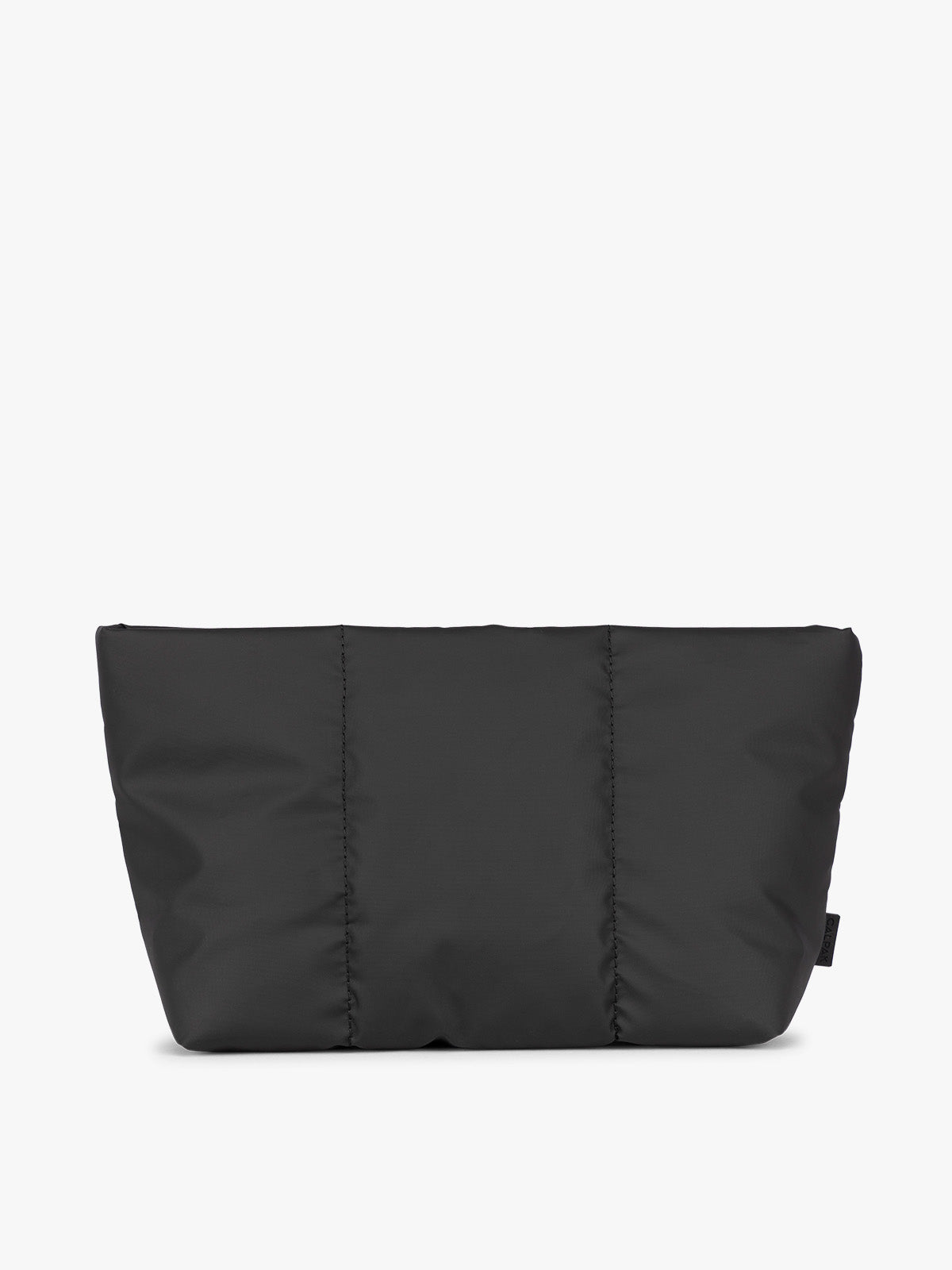 Black CALPAK Luka 2 Quart Zip Pouch bag with stitched paneling and top zipper, shown against a plain white background; ZLPM2601-MATTE-BLACK