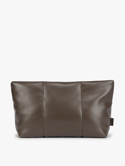 CALPAK dark brown Mushroom vegan leather pouch bag with a structured rectangular shape and vertical stitched panel details, shown against a plain white background; ZLPM2601-MUSHROOM-PU view 1