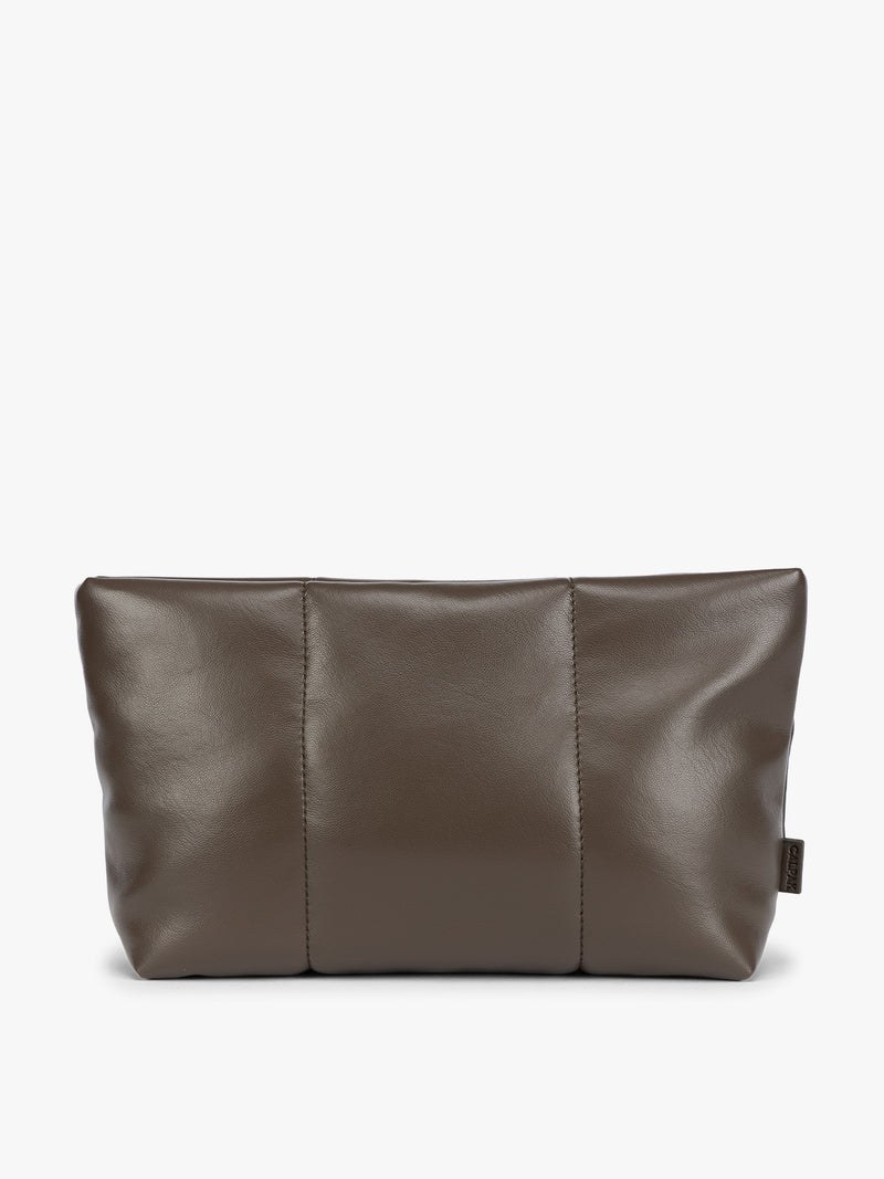 CALPAK dark brown Mushroom vegan leather pouch bag with a structured rectangular shape and vertical stitched panel details, shown against a plain white background