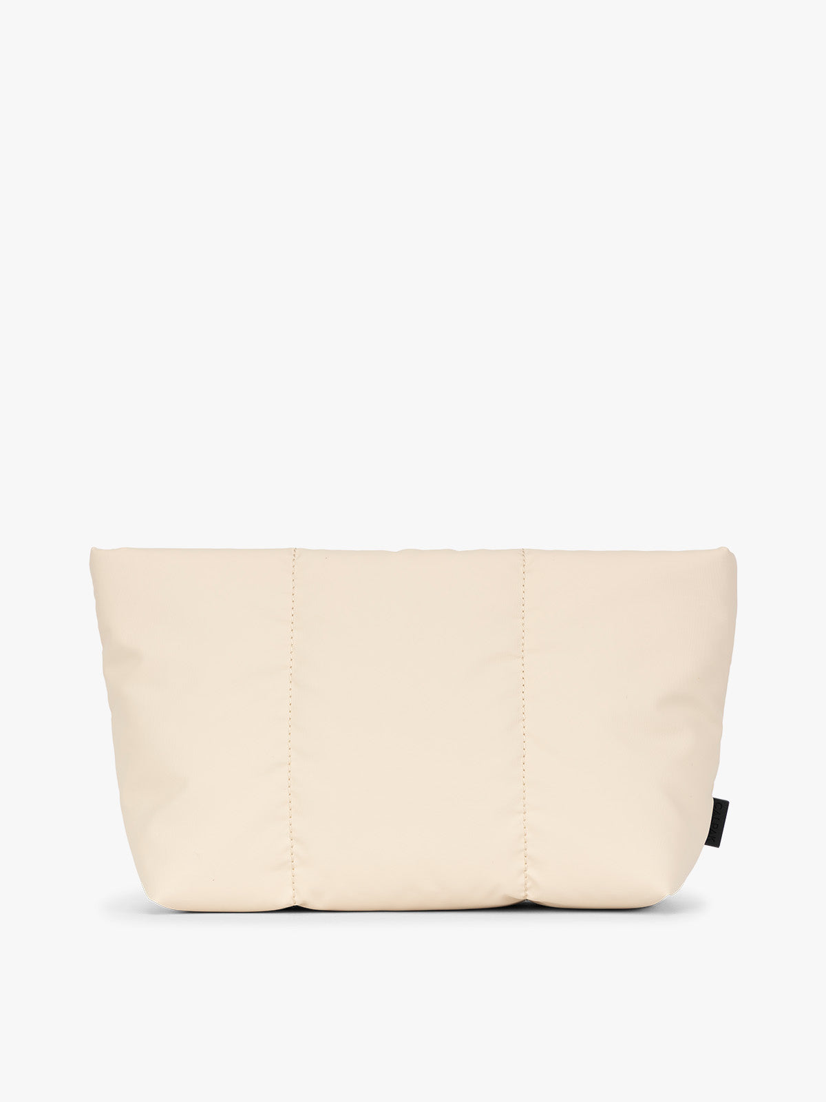 Beige Oatmeal CALPAK Luka 2 Quart Zip Pouch bag with stitched paneling and top zipper, shown against a plain white background; ZLPM2601-OATMEAL