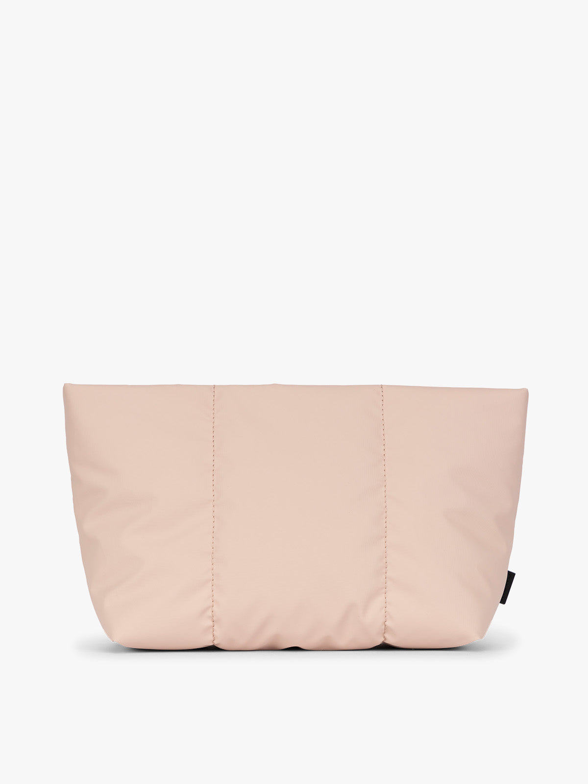 Light pink Rose Quartz CALPAK Luka 2 Quart Zip Pouch bag with stitched paneling and top zipper, shown against a plain white background; ZLPM2601-ROSE-QUARTZ