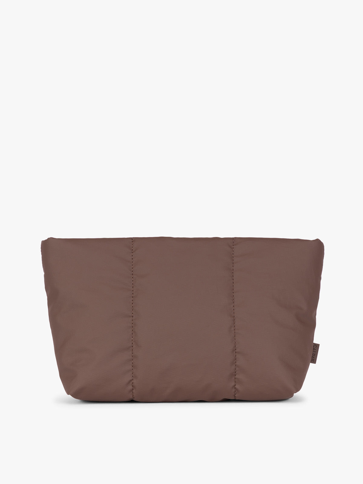 Dark brown Walnut CALPAK Luka 2 Quart Zip Pouch bag with stitched paneling and top zipper, shown against a plain white background; ZLPM2601-WALNUT