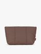 Dark brown Walnut CALPAK Luka 2 Quart Zip Pouch bag with stitched paneling and top zipper, shown against a plain white background; ZLPM2601-WALNUT