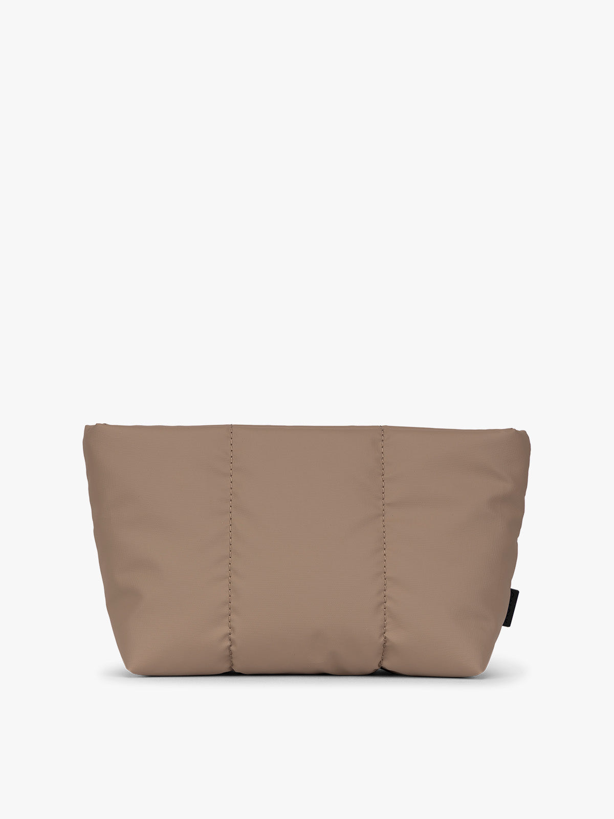 Brown Chocolate colored CALPAK Luka 1 Quart Pouch with vertical stitched paneling and top zipper, shown against a plain white background; ZLPS2601-CHOCOLATE
