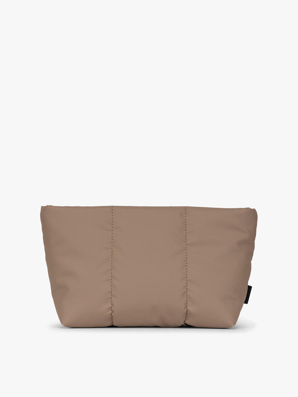 Brown Chocolate colored CALPAK Luka 1 Quart Pouch with vertical stitched paneling and top zipper, shown against a plain white background; ZLPS2601-CHOCOLATE