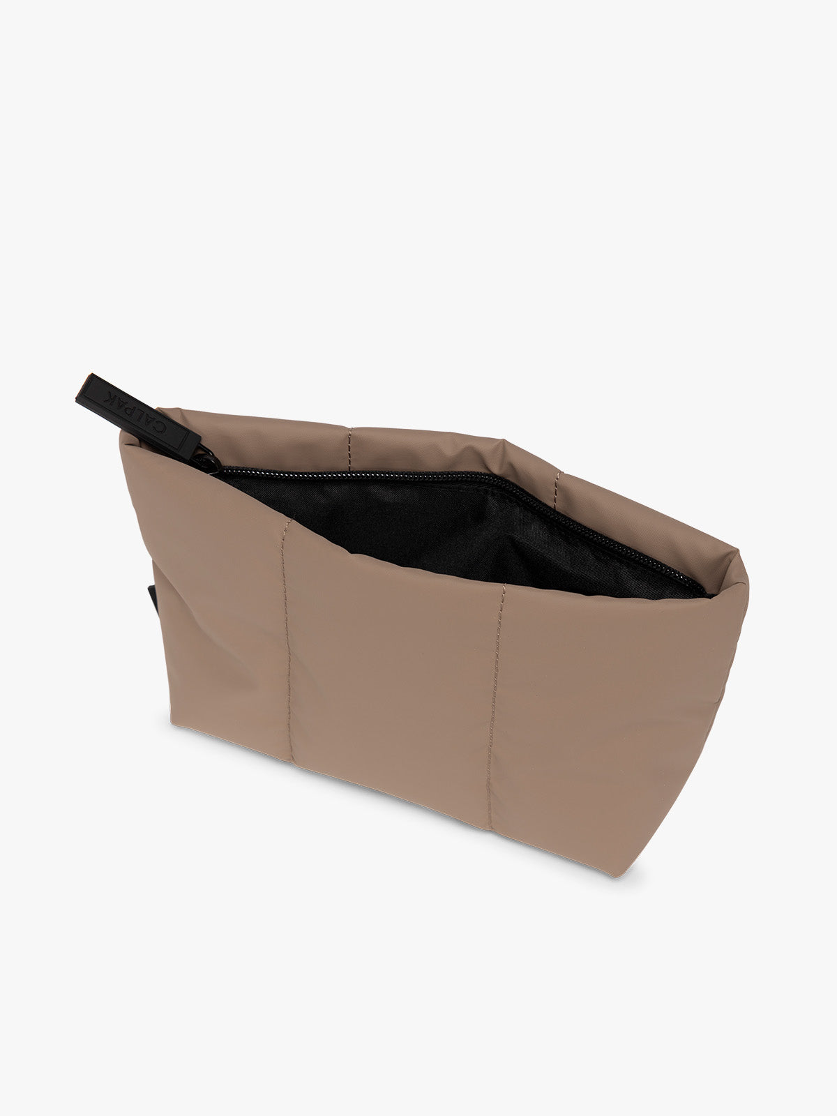Top view of Brown Chocolate colored CALPAK Luka 1 Quart Pouch with vertical stitched paneling and top zipper, shown against a plain white background; ZLPS2601-CHOCOLATE