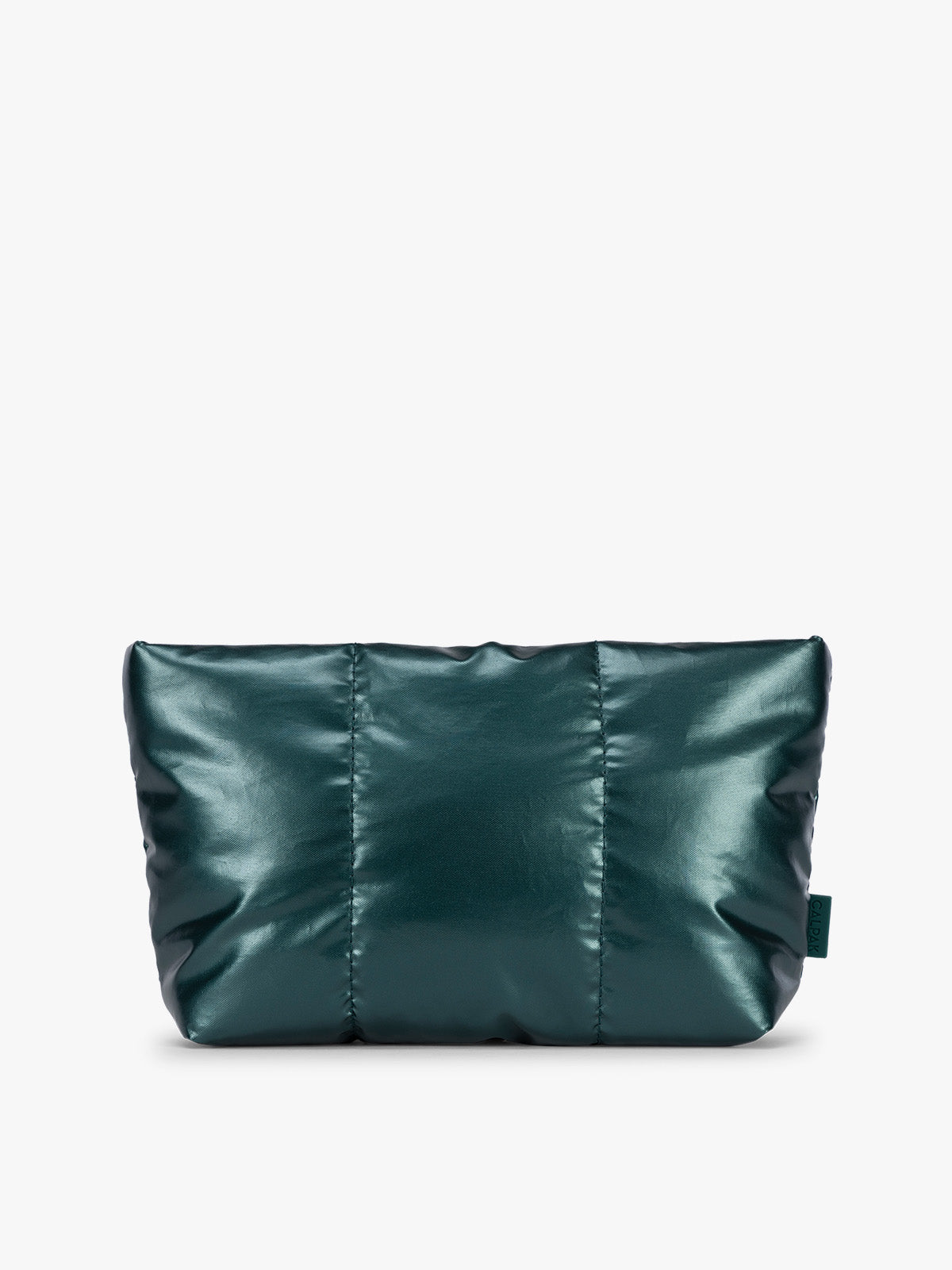 A dark teal green puffy CALPAK Luka 1-Quart Zip Pouch with a glossy, metallic finish, shown against a plain white background ; ZLPS2601-GLAZED-KALE