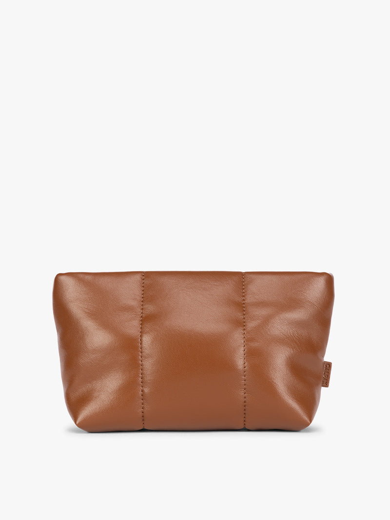 CALPAK Luka 1 quart light brown Honey Brown vegan leather pouch bag with a quilted, padded design and a small brand tag on the right side, shown against a plain white background
