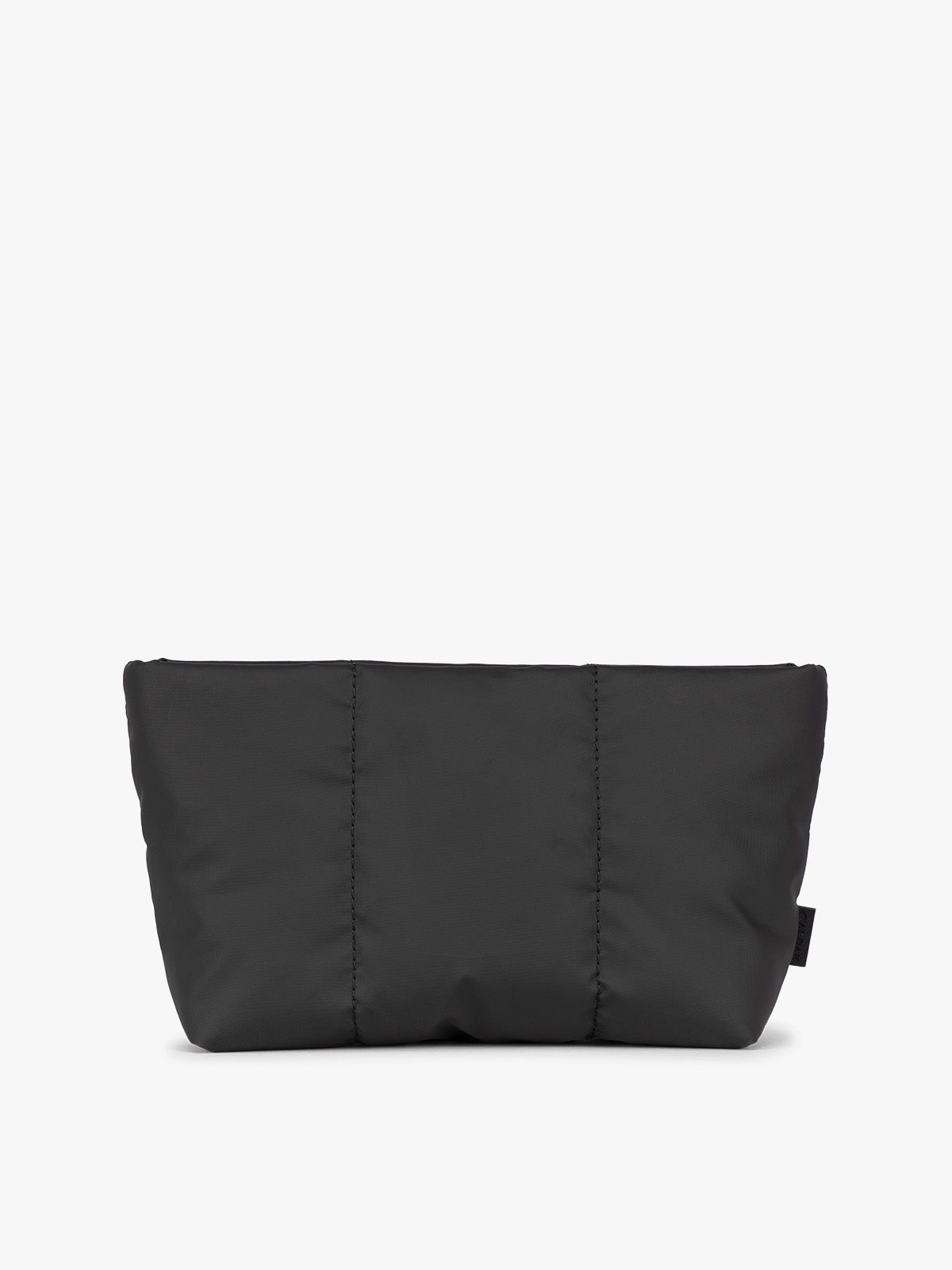Black colored CALPAK Luka 1 Quart Pouch with vertical stitched paneling and top zipper, shown against a plain white background; ZLPS2601-MATTE-BLACK
