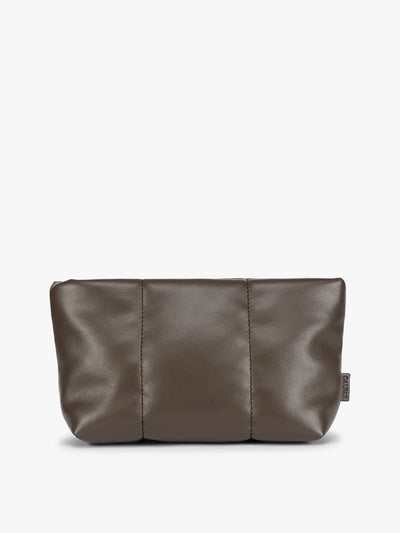  CALPAK Luka 1 quart brown Mushroom vegan leather pouch bag with a quilted, padded design and a small brand tag on the right side, shown against a plain white background; ZLPS2601-MUSHROOM-PU view 1