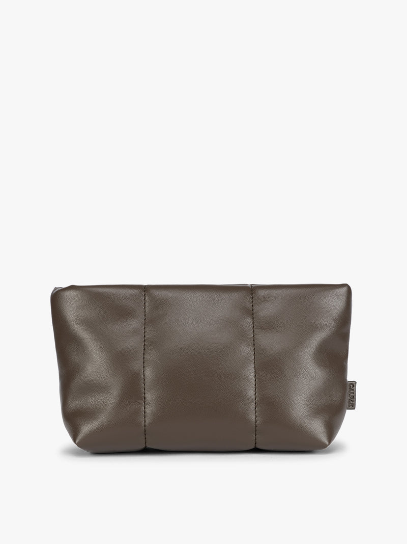 CALPAK Luka 1 quart brown Mushroom vegan leather pouch bag with a quilted, padded design and a small brand tag on the right side, shown against a plain white background