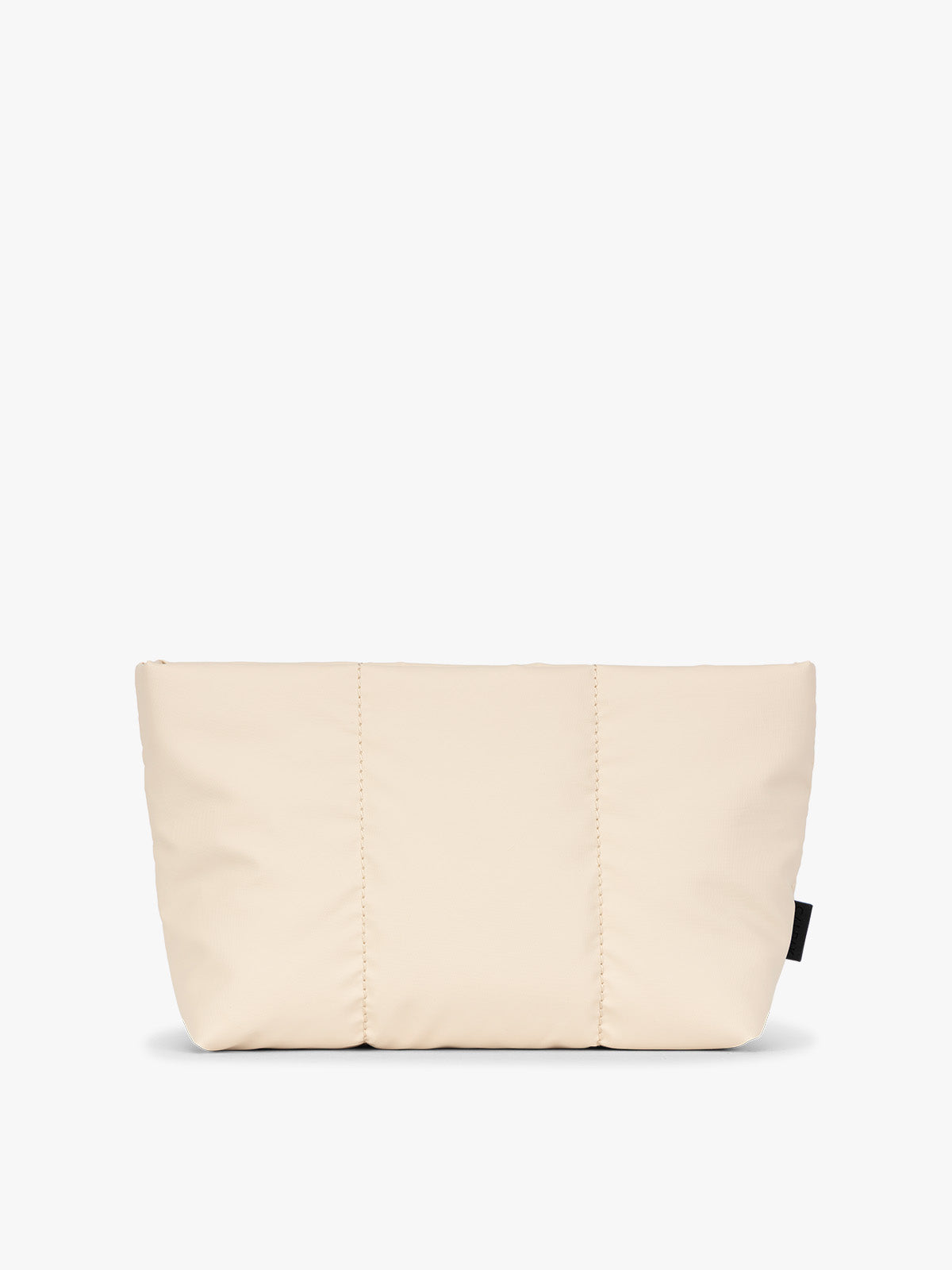 Beige Oatmeal colored CALPAK Luka 1 Quart Pouch with vertical stitched paneling and top zipper, shown against a plain white background; ZLPS2601-OATMEAL