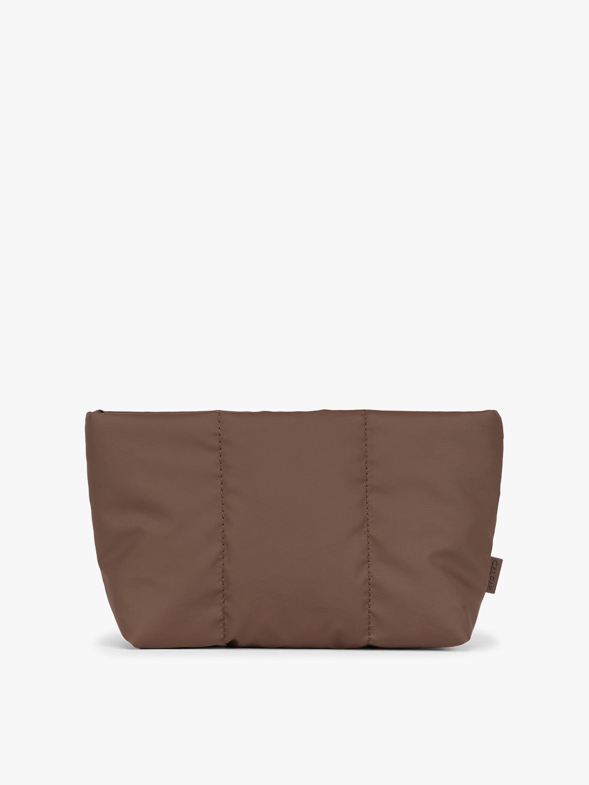 Dark brown Walnut colored CALPAK Luka 1 Quart Pouch with vertical stitched paneling and top zipper, shown against a plain white background; ZLPS2601-WALNUT