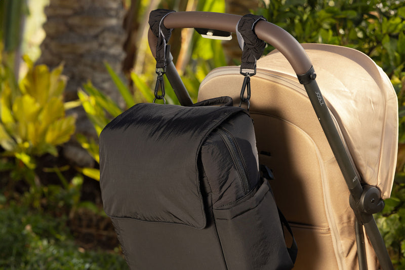 CALPAK Diaper Backpack attached to Stroller by Stroller Straps
