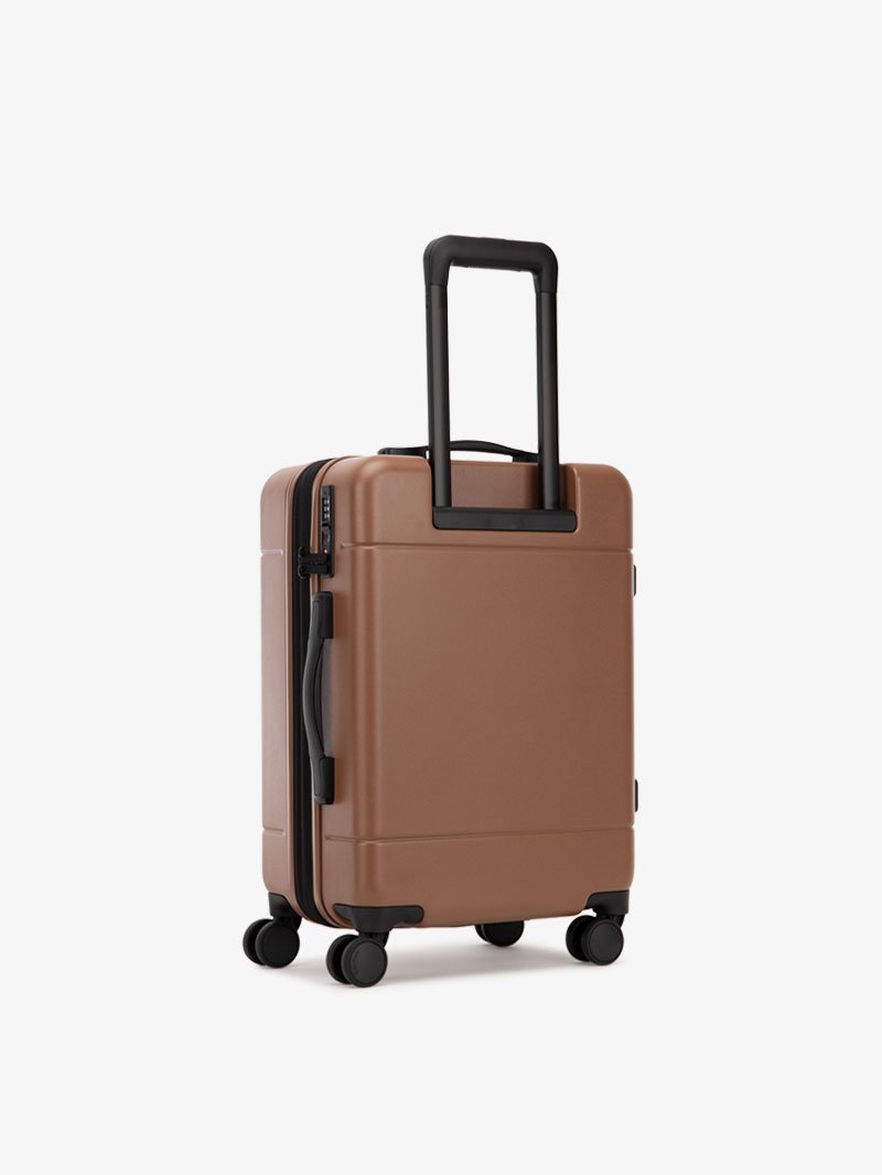 CALPAK Hue hard side carry-on luggage with spinner wheels in brown hazel color; LHU1020-NP-HAZEL