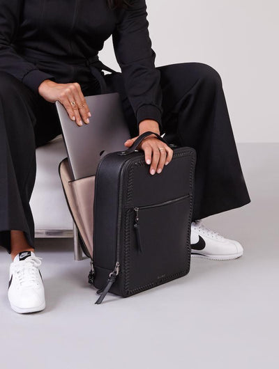 Calpak Kaya laptop backpack for women in gunmetal black; BP1702-SQ-GUNMETAL-BLACK