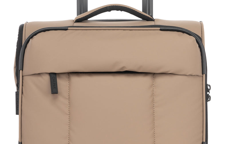 CALPAK Luka Soft Sided Mini Carry On Luggage in brown Chocolate close view of exterior zipper