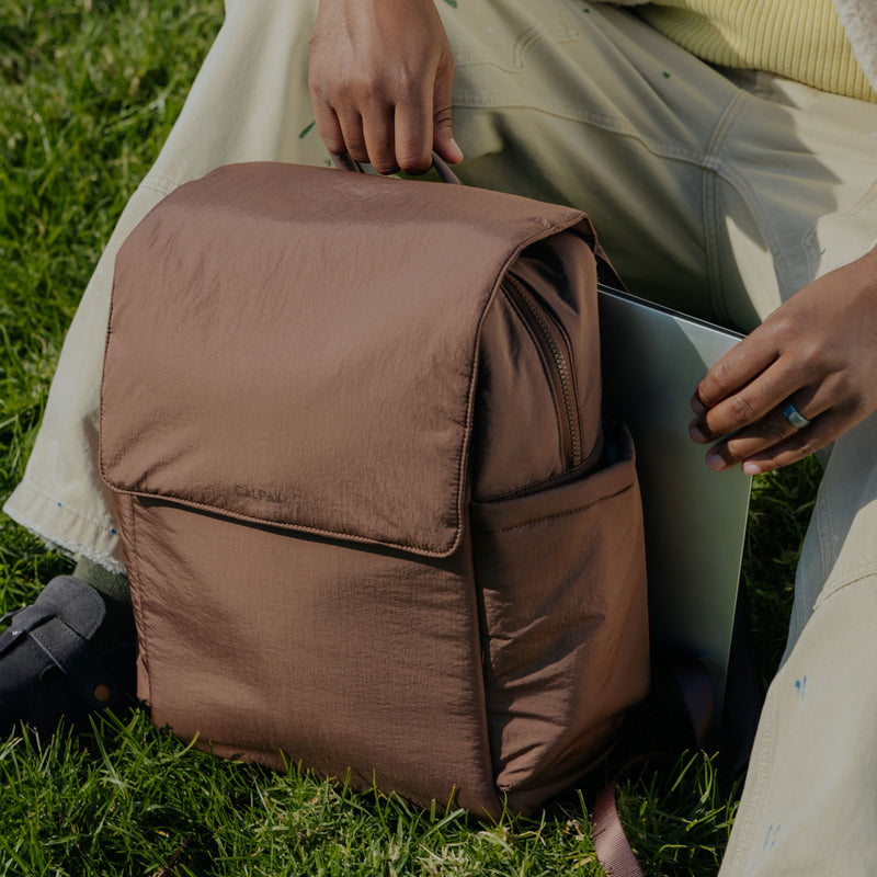 CALPAK Diaper Backpack with Laptop Sleeve in brown Chocolate