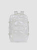 MP4 showing front, back, and sides of CALPAK Terra 26L Laptop Duffel Backpack with multiple pockets in shiny white Moonbeam on a white background; BPH2201-MOONBEAM