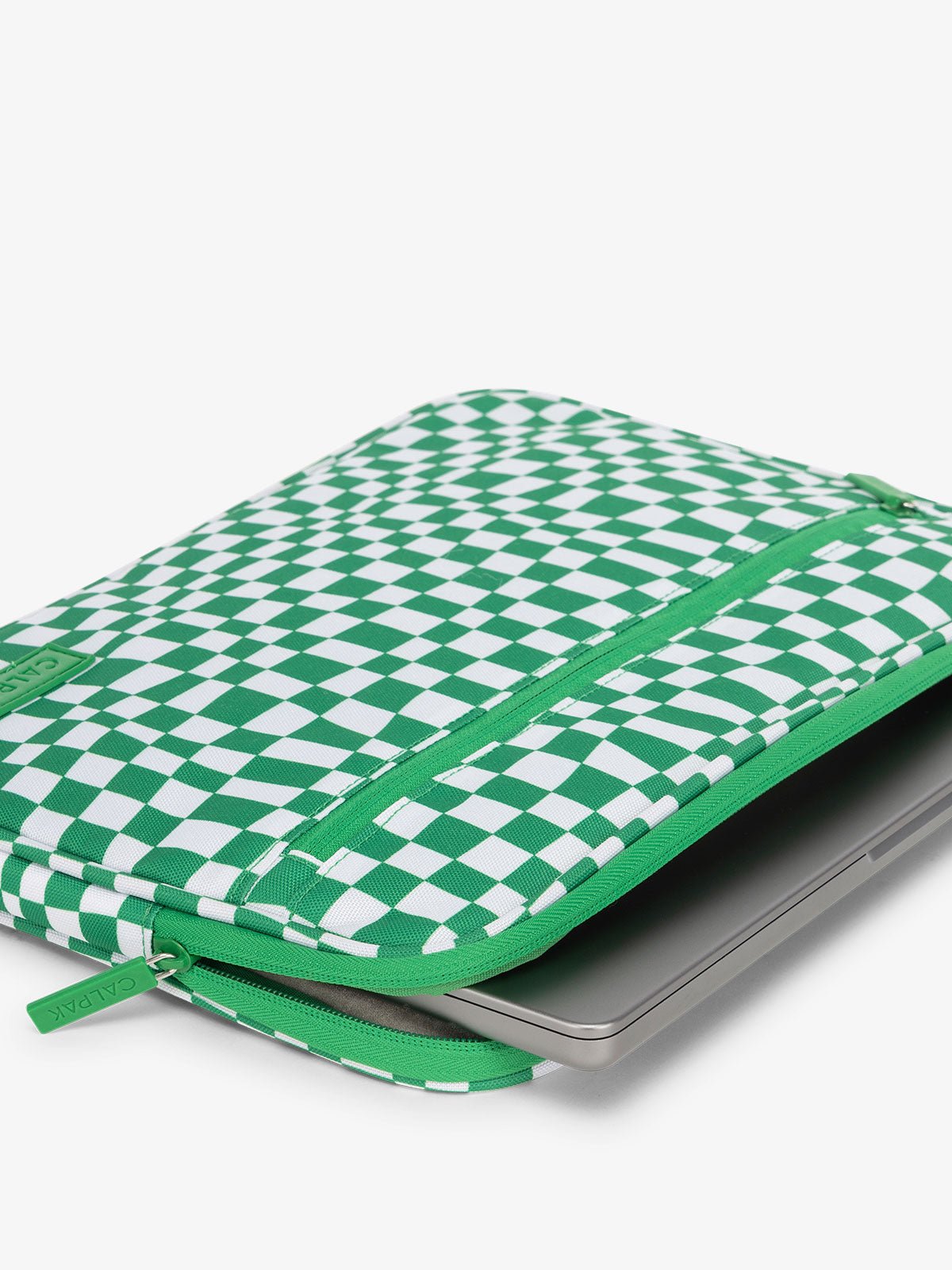 CALPAK 13-14 Inch Laptop sleeve with protective pockets for work in green checkerboard