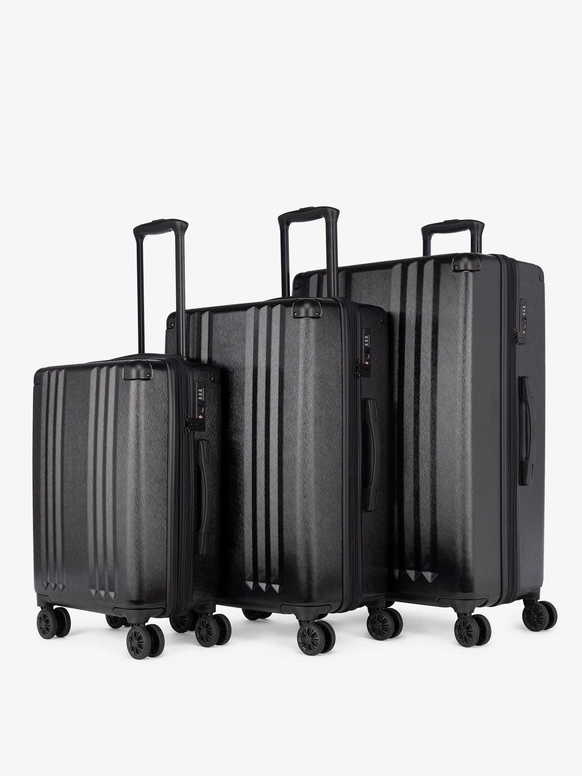 CALPAK Ambeur: 3 piece lightweight durable black hard shell luggage set with carry on