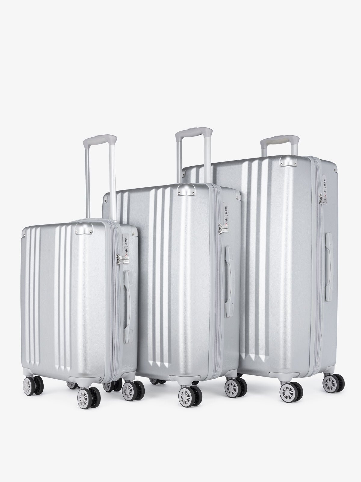 CALPAK Ambeur: 3 piece lightweight expandable silver hard shell luggage set with carry on; LAM3000-SILVER