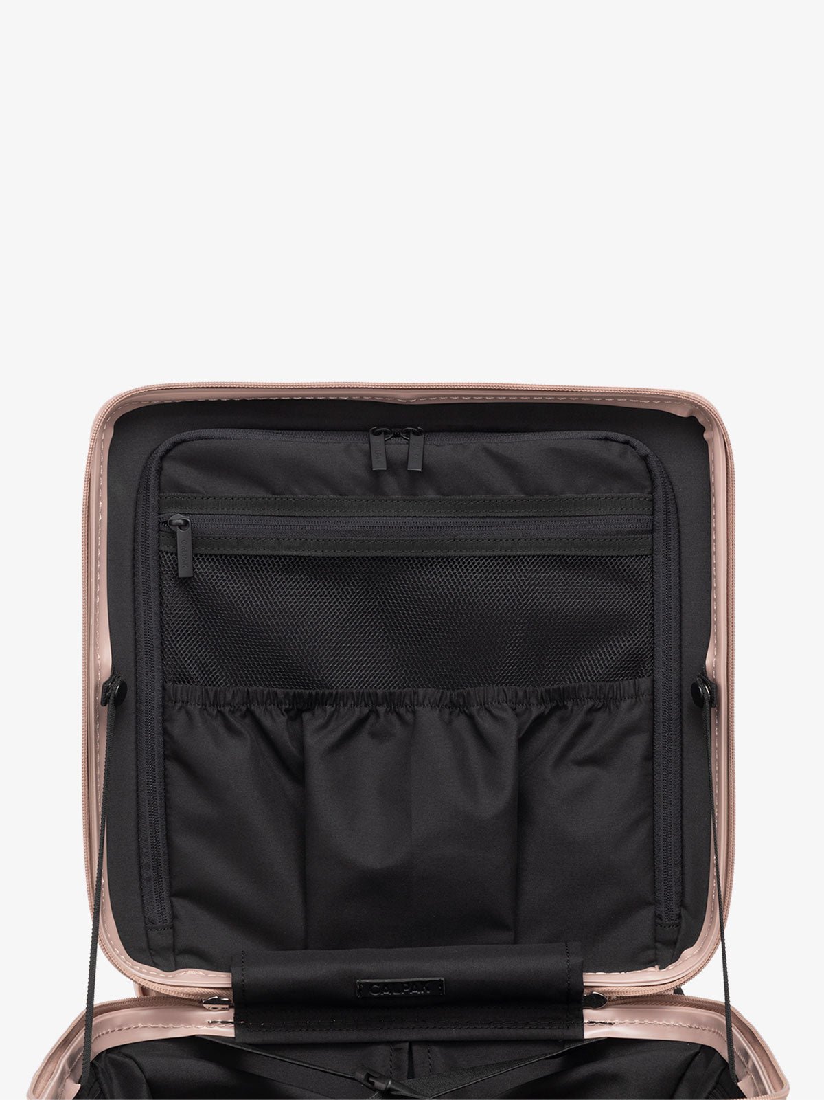 CALPAK Ambuer small wheeled carry on with multiple interior pockets and compression straps in rose gold