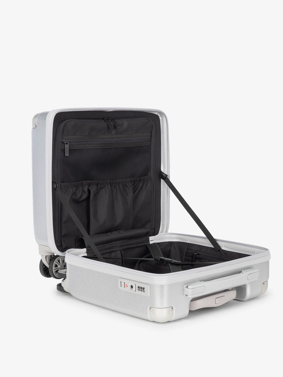CALPAK Ambuer small carry on with divider and multiple interior pockets in silver