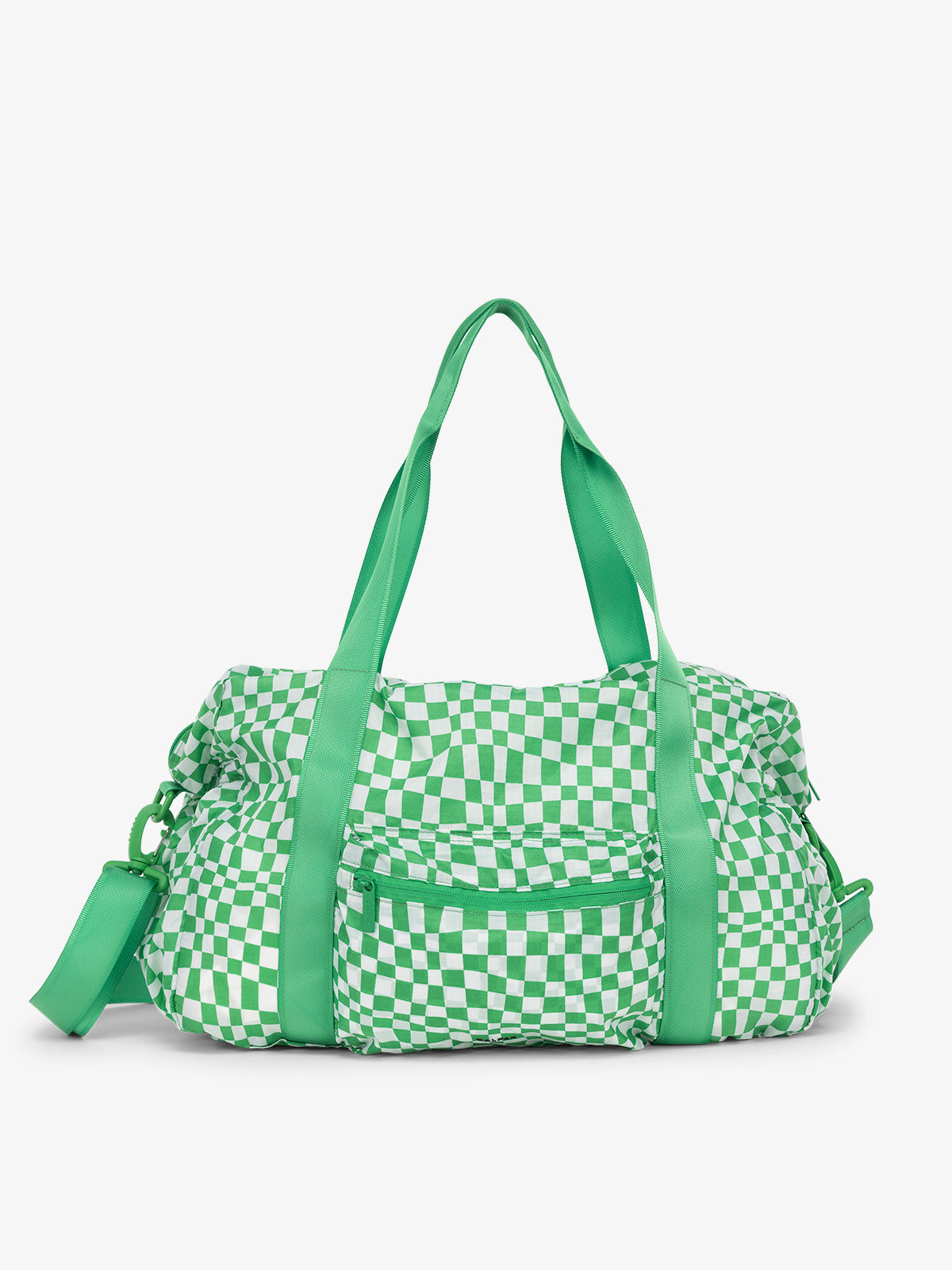 CALPAK Compakt duffel bag with removable crossbody strap and water resistant fabric in light green checker print