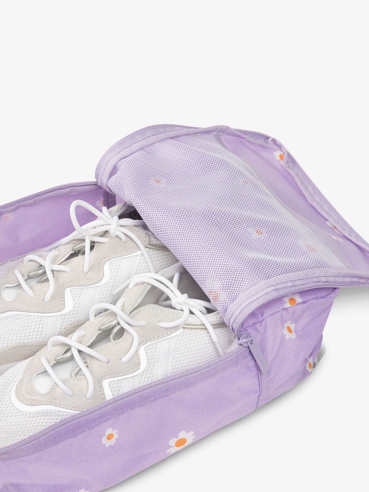 CALPAK Compakt zippered shoe travel bag with mesh pocket in purple floral print