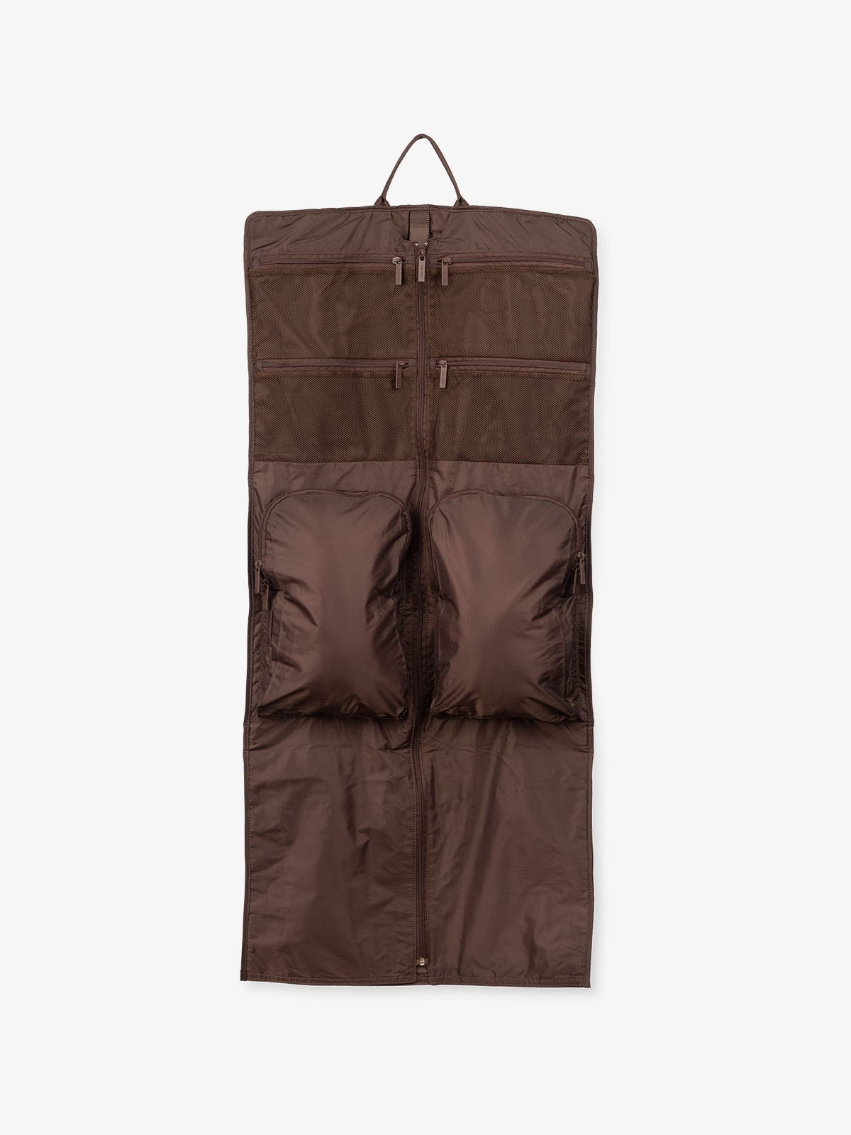 CALPAK Compakt small carry on garment bag made with water resistant ripstop nylon and multiple pockets in walnut