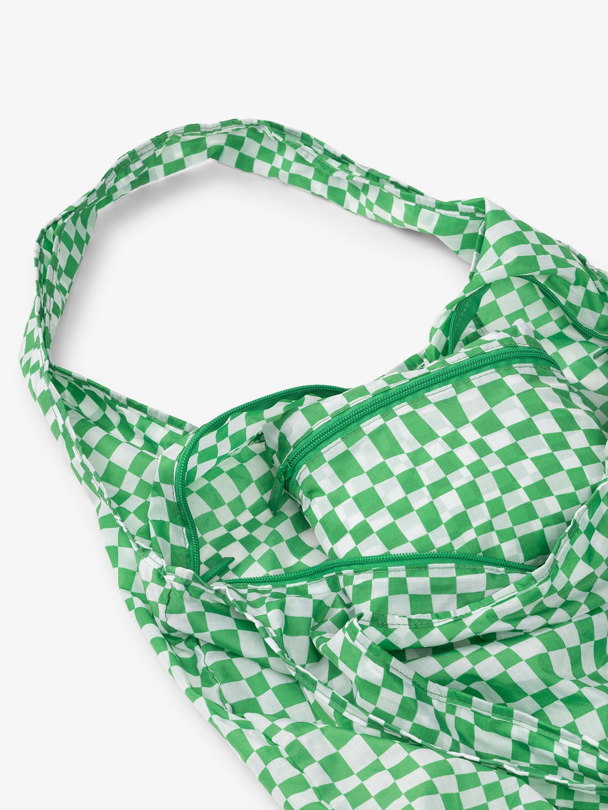CALPAK Compakt shopping tote bag with interior zipper pocket in green checkerboard