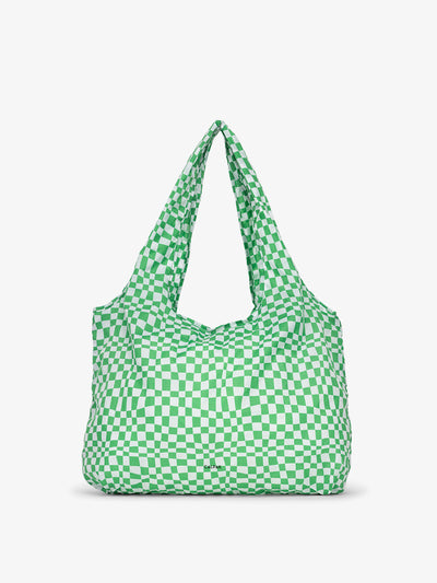 CALPAK Compakt tote bag in green checkerboard; KTB2001-GREEN-CHECKERBOARD