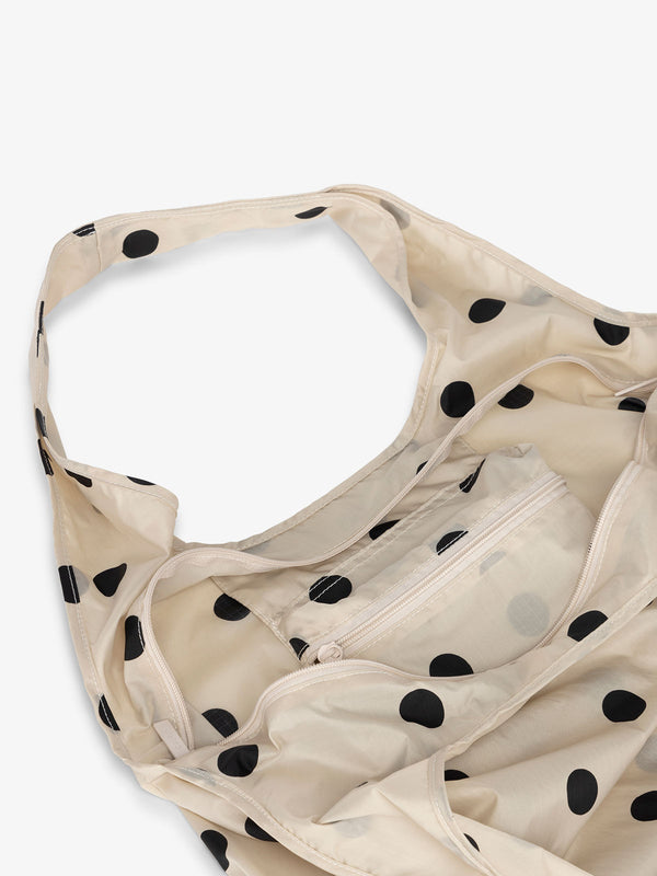 CALPAK Nylon lightweight tote bag for grocery shopping in Black and White polka dot print
