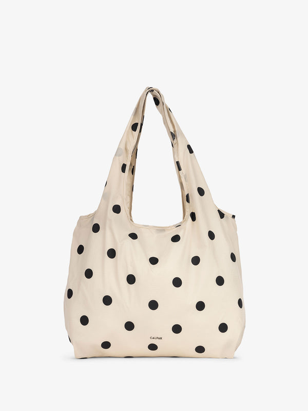 CALPAK Nylon foldable tote bag for grocery shopping in Black and White polka dot print