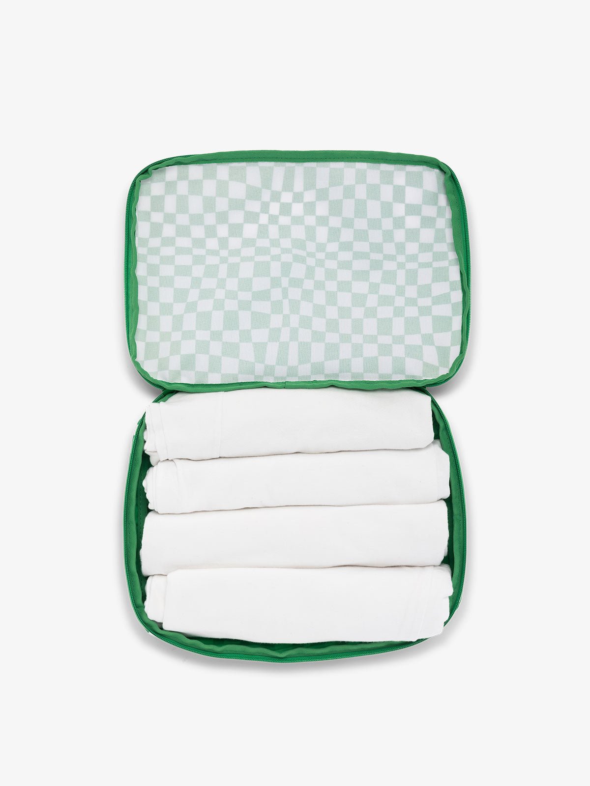 CALPAK packing cubes for travel in green checkerboard