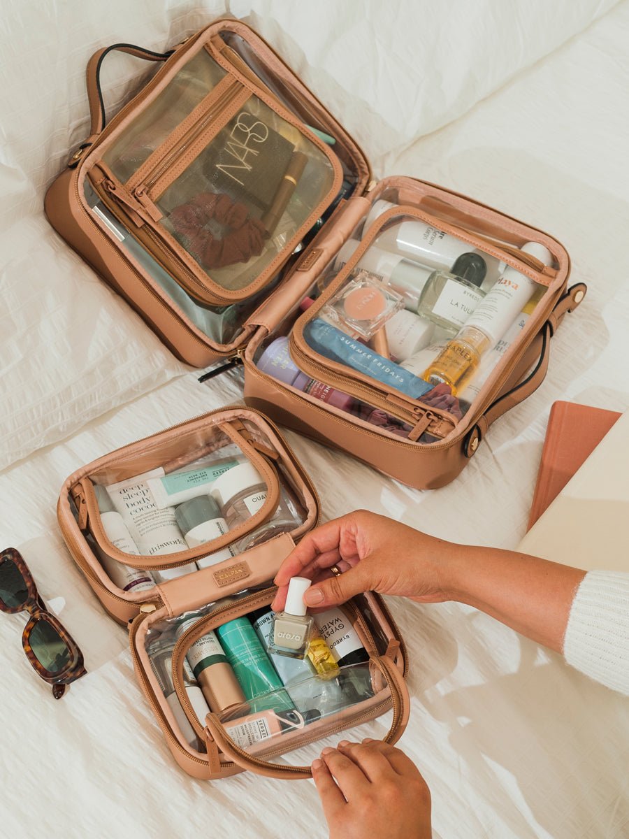 CALPAK cosmetic bags for travel in caramel color