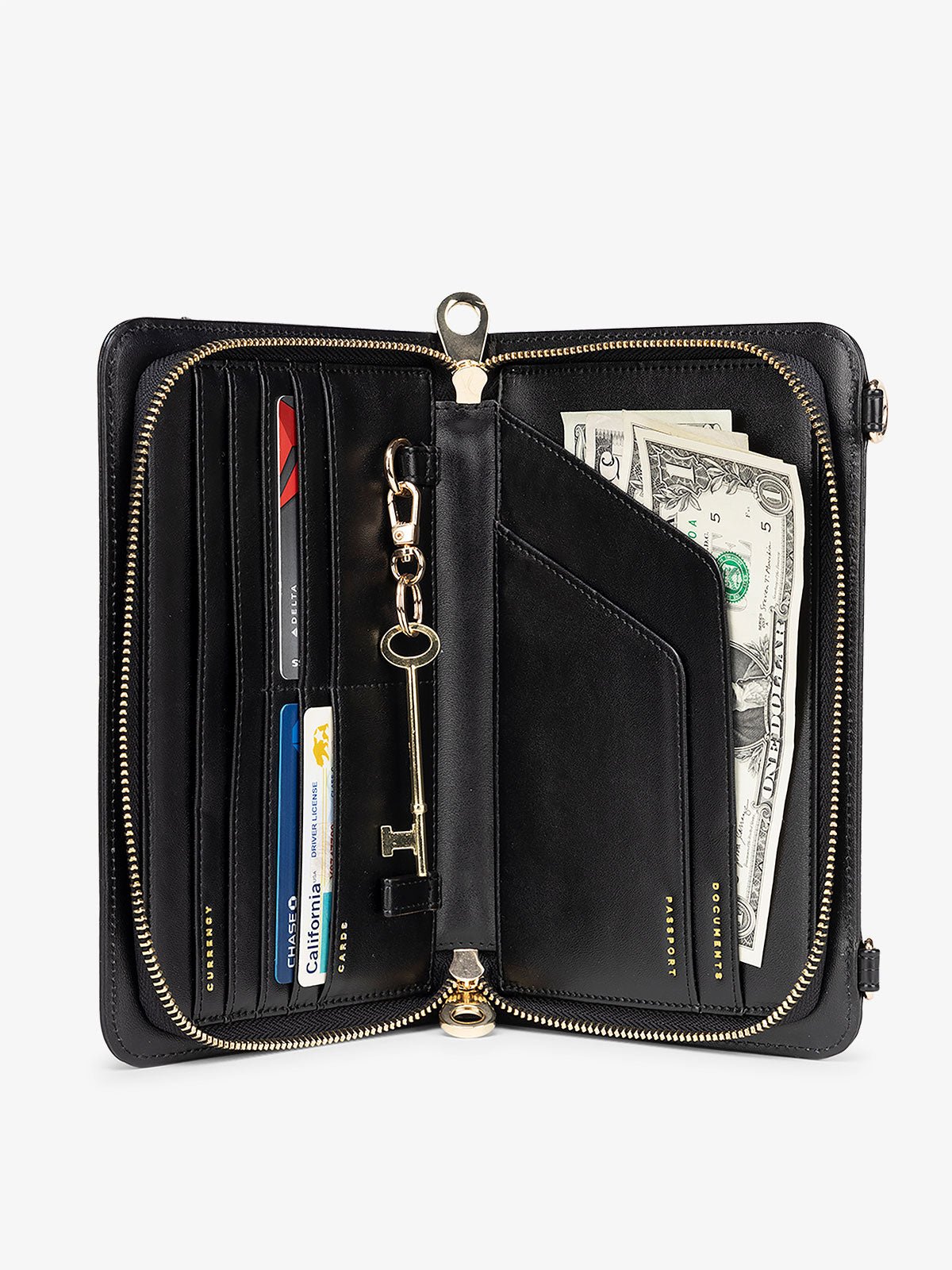Interior of black RFID lined CALPAK Croc Wallet featuring multiple pockets for cards and travel documents
