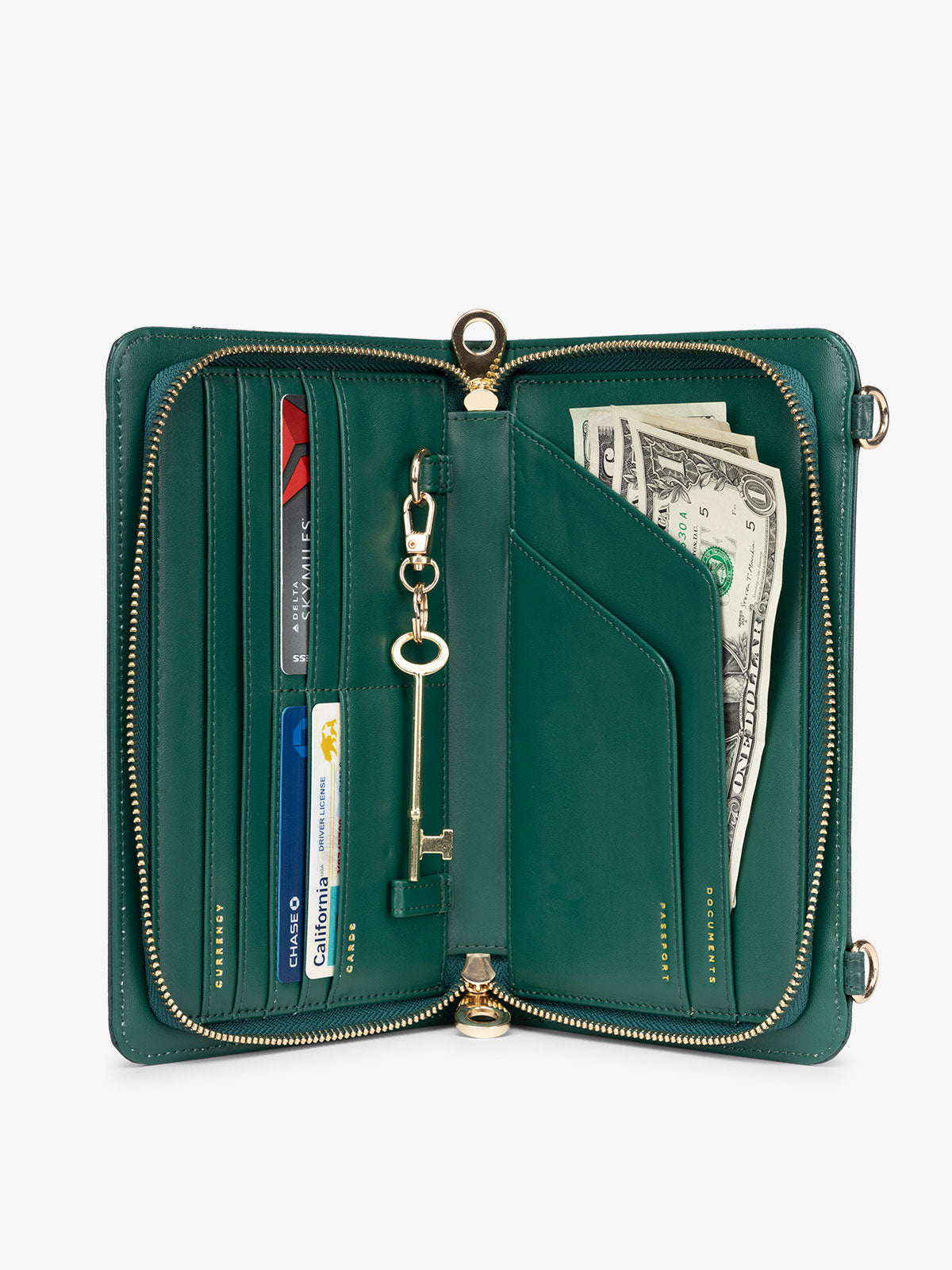 Interior of dark green emerald RFID lined CALPAK Croc Wallet featuring multiple pockets for cards and travel documents