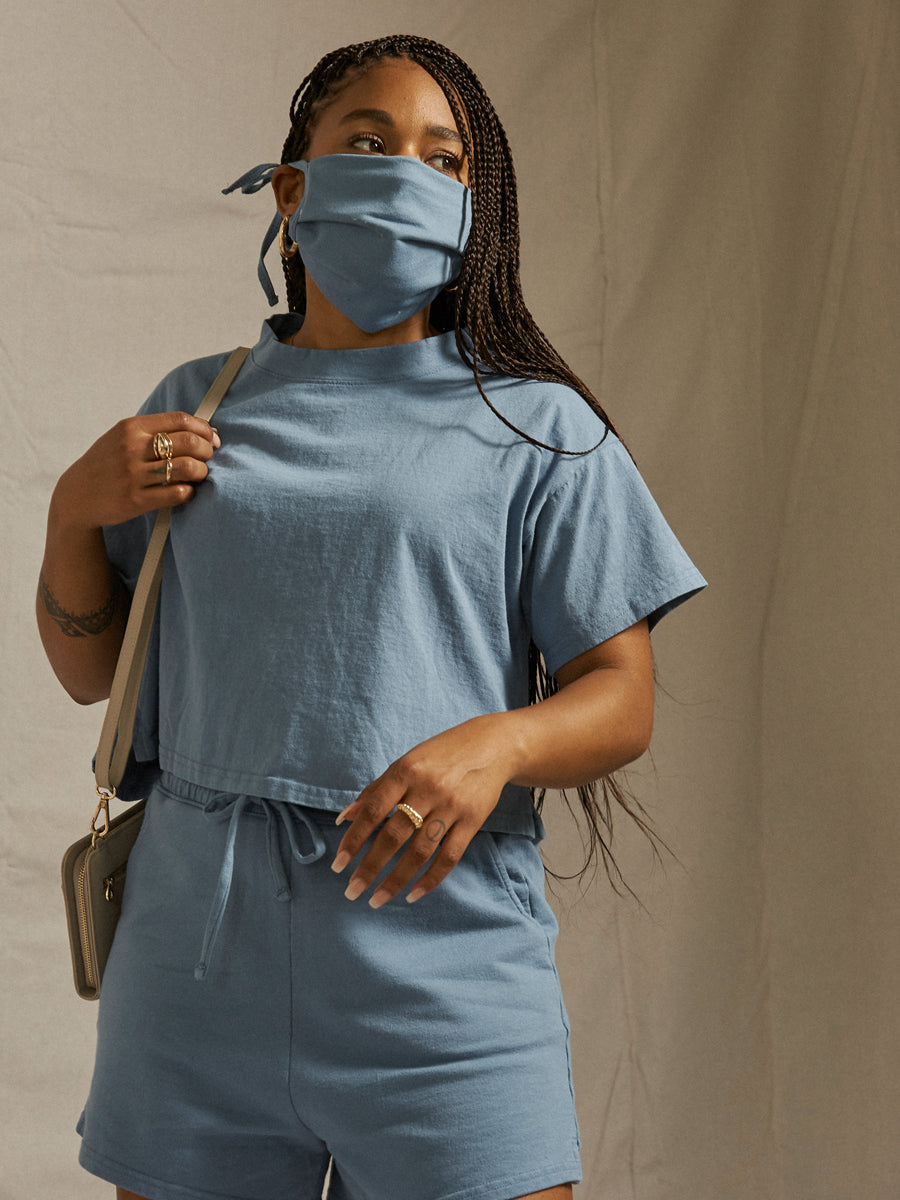 women's cropped cotton t-shirt in blue combined with mask and shorts