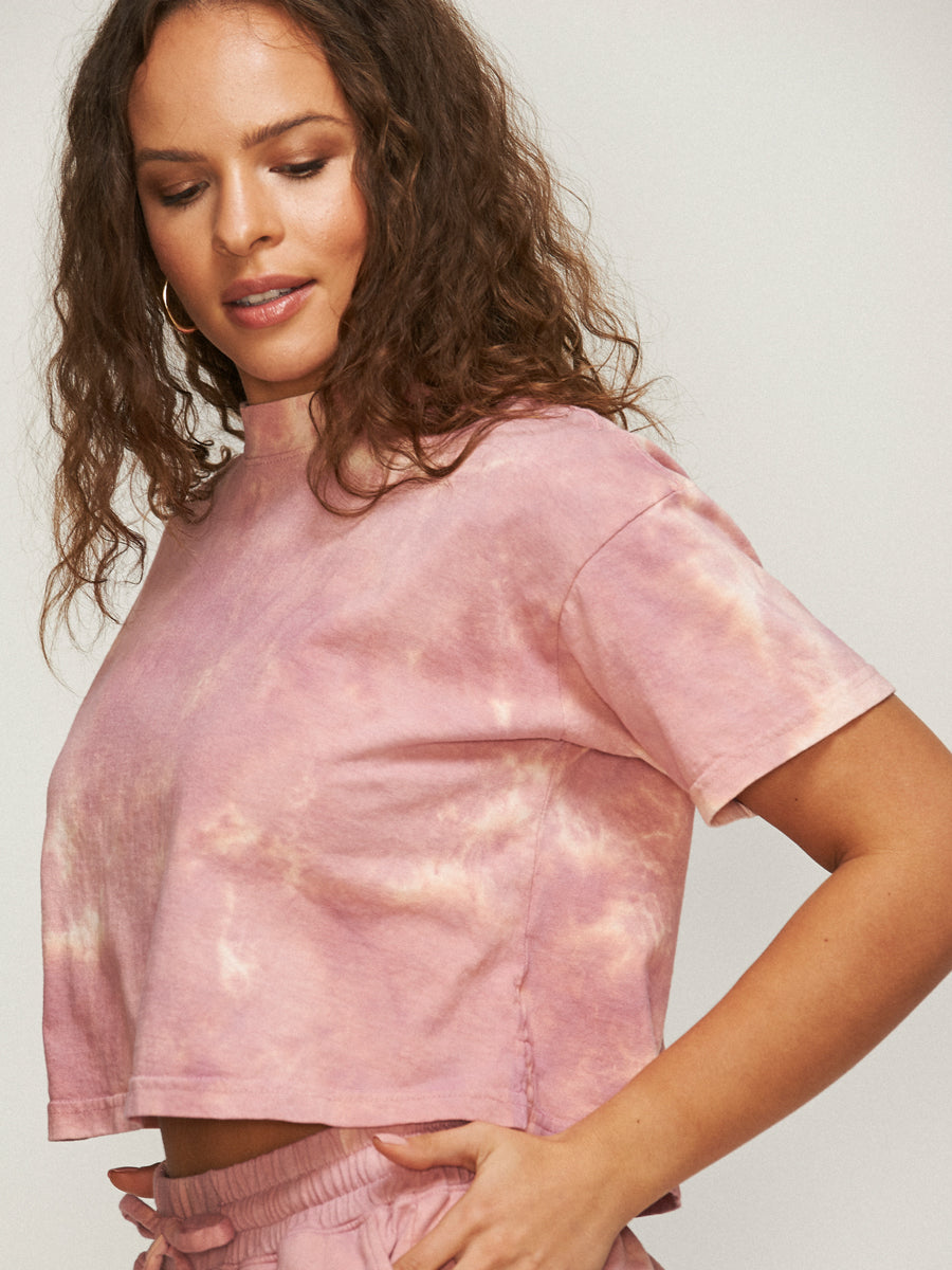 CALPAK womens cropped pink tie dye cotton t-shirt; ROSEWOOD TIE-DYE